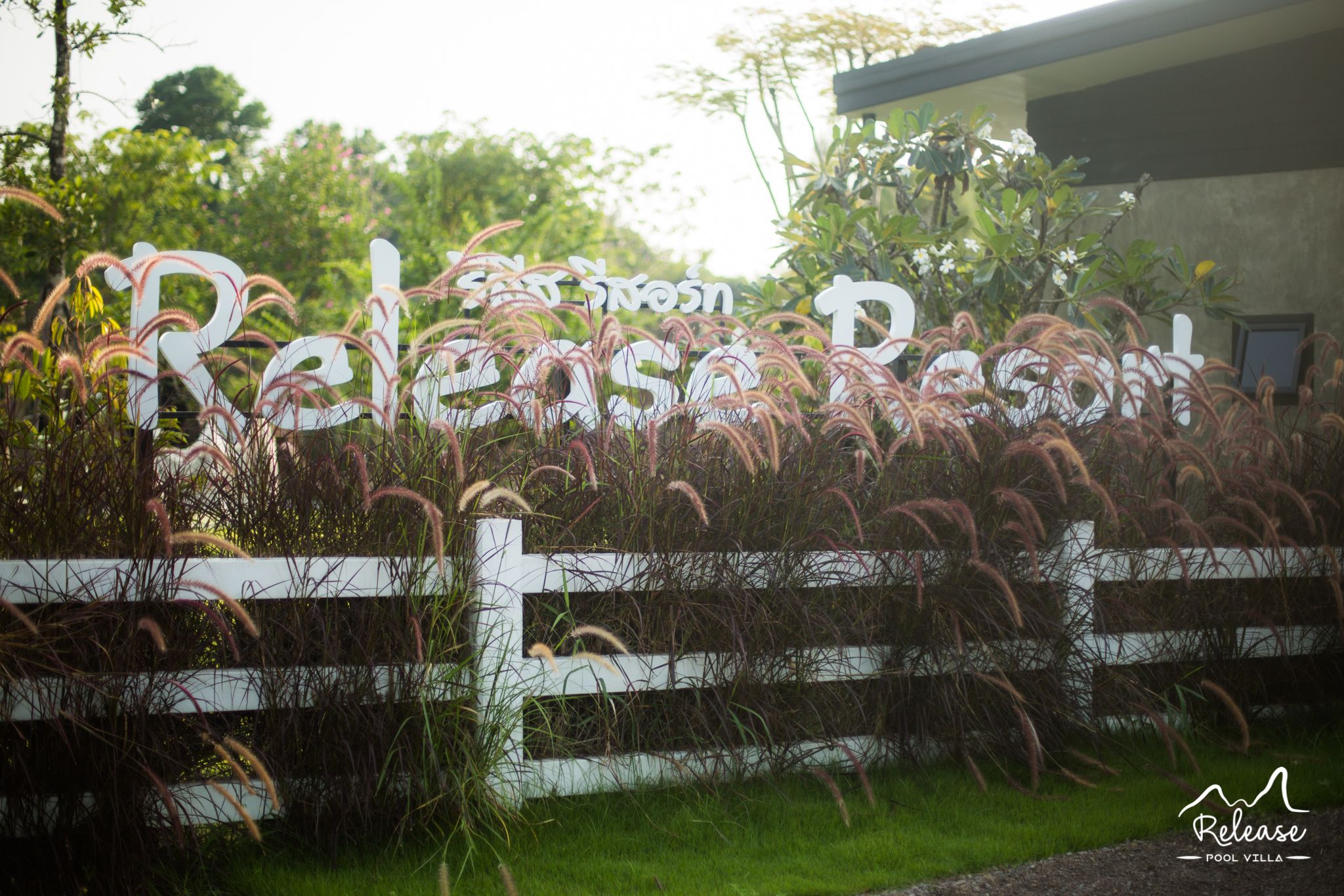 A sign with the text "Release Pool Villa" surrounded by tall grasses and a white fence.