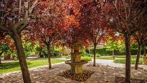 Une cour intérieure avec une fontaine en pierre au centre, entourée d’arbres aux feuilles d’automne, et un chemin pavé de briques.