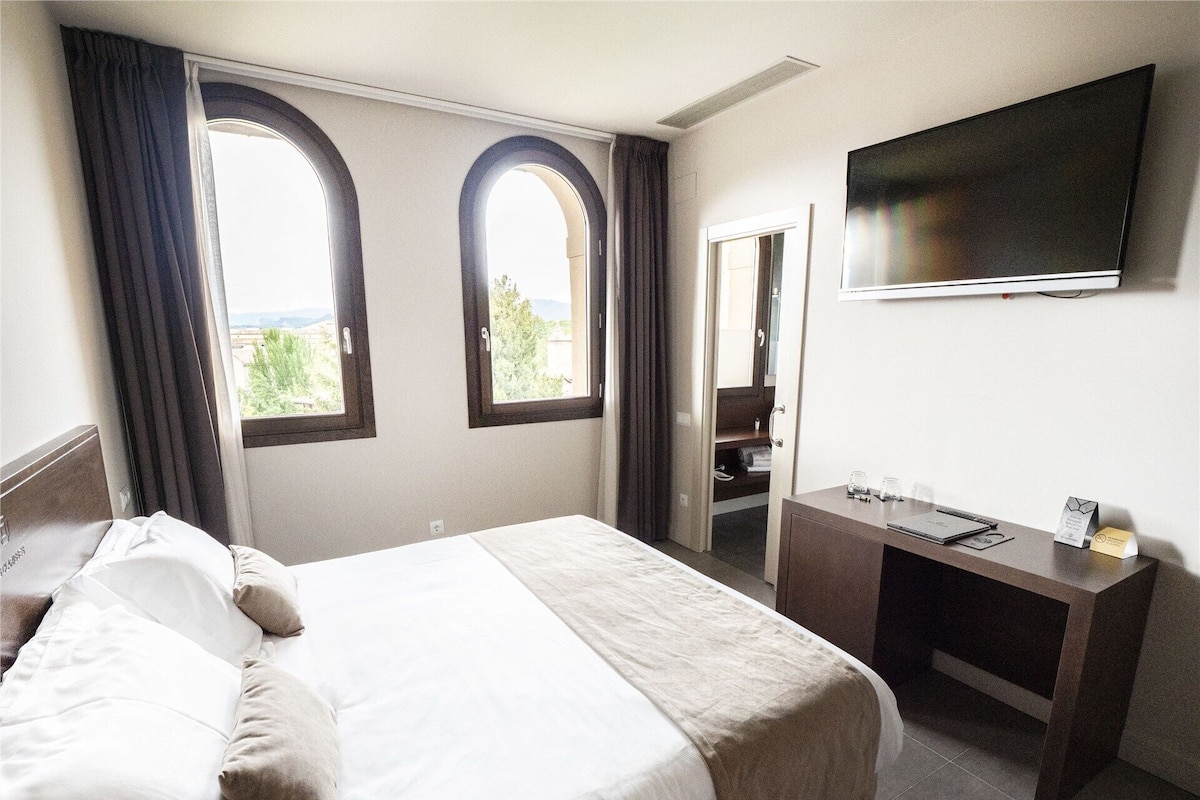 Une chambre d’hôtel avec un lit, un bureau, une télévision et deux fenêtres équipées de rideaux.