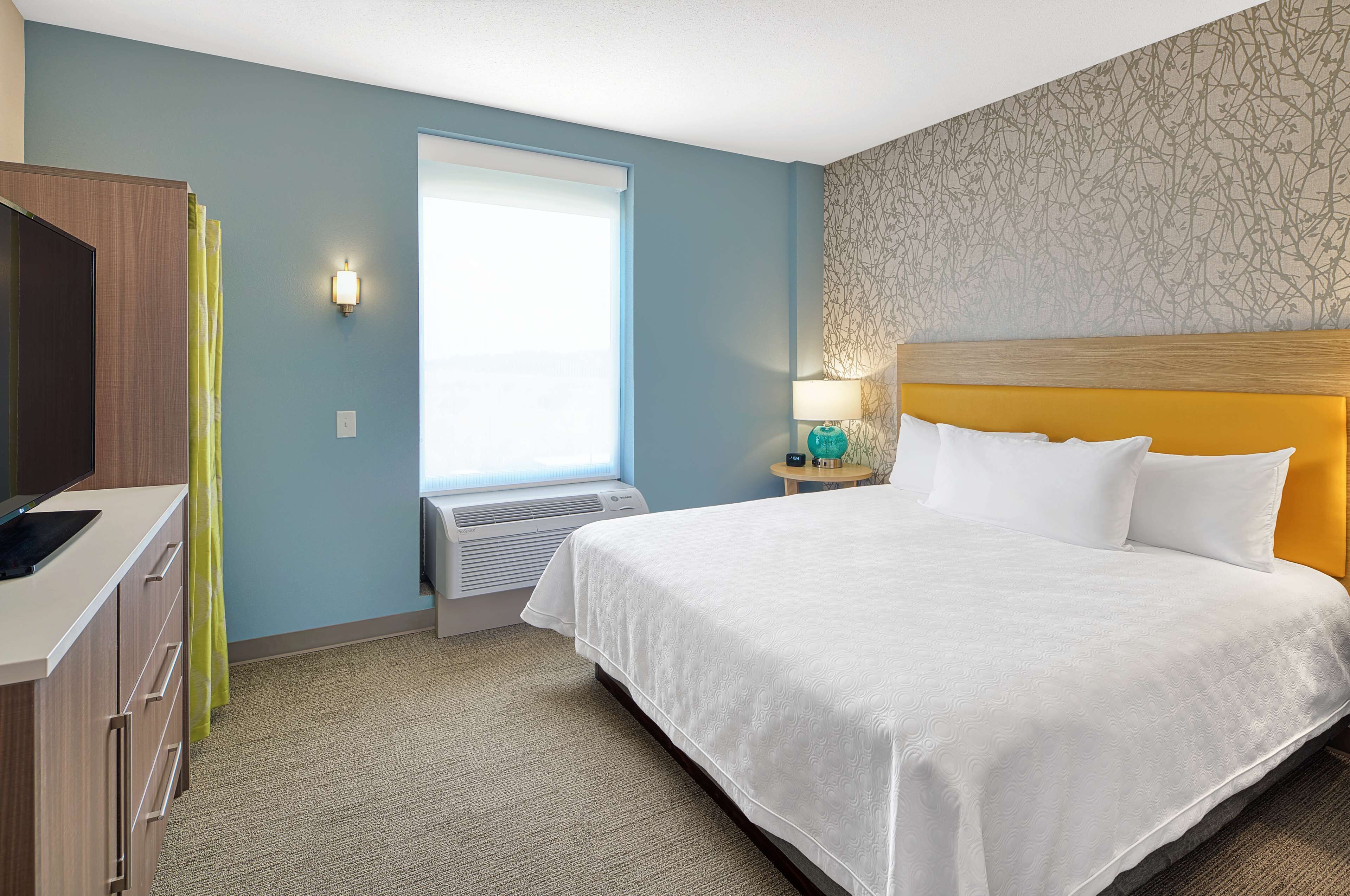 Une chambre d’hôtel avec un lit, un bureau, une fenêtre et un mur décoré d’un motif représentant un arbre.