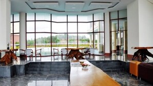 A spacious lobby with a long wooden reception desk, comfortable seating, and large windows offering a view of the outdoors. - Rose Land Apartment Hotel (Naypyidaw)