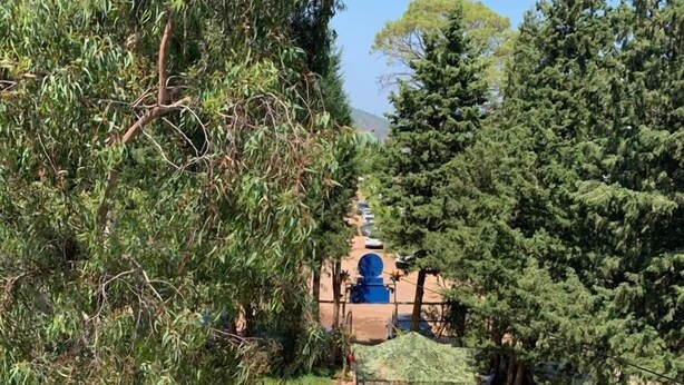 Un patio con un pabellón, una piscina pequeña y un área de estar rodeada de árboles.
