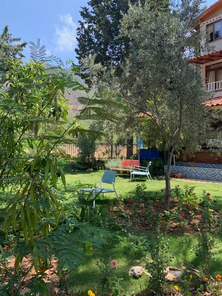 A garden with a lawn, a bench, and a building with a tiled roof.
