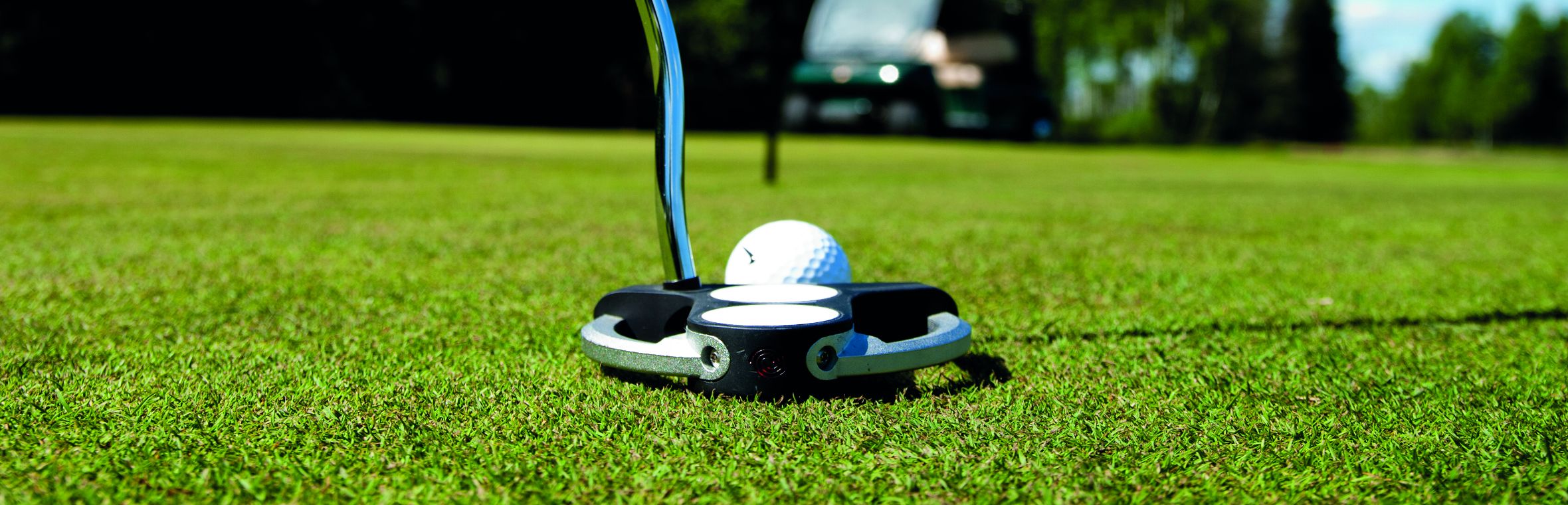 En golfboll på ett utslagsträ på en välskött green.