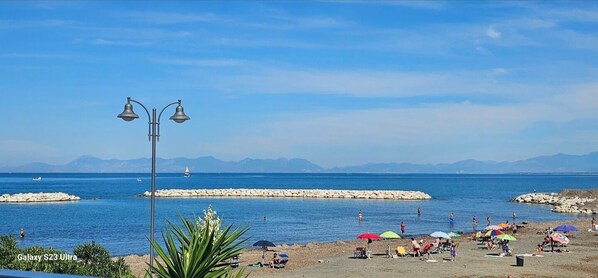 A beach with a rocky breakwater, people sunbathing, and a clear blue sky.