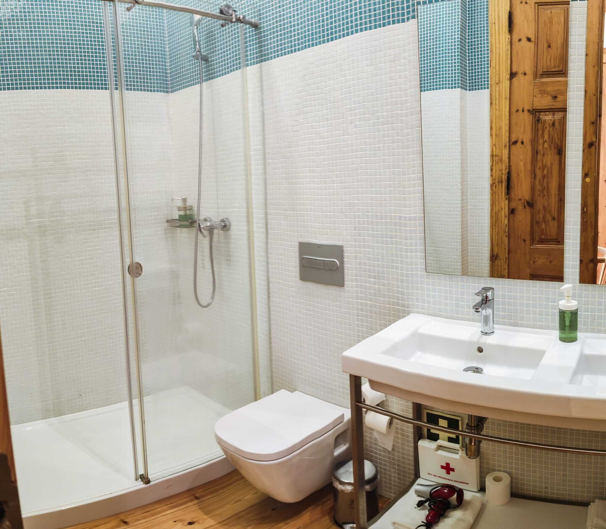 Une salle de bain équipée d’une douche, de toilettes, d’un lavabo et d’un miroir.