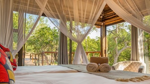 A room with a bed, a chair, and a view of trees.