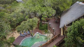 Piscine extérieure, chaises longues