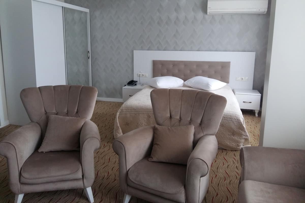 A hotel room with a bed, two armchairs, a bedside table with a phone, and an air conditioning unit.
