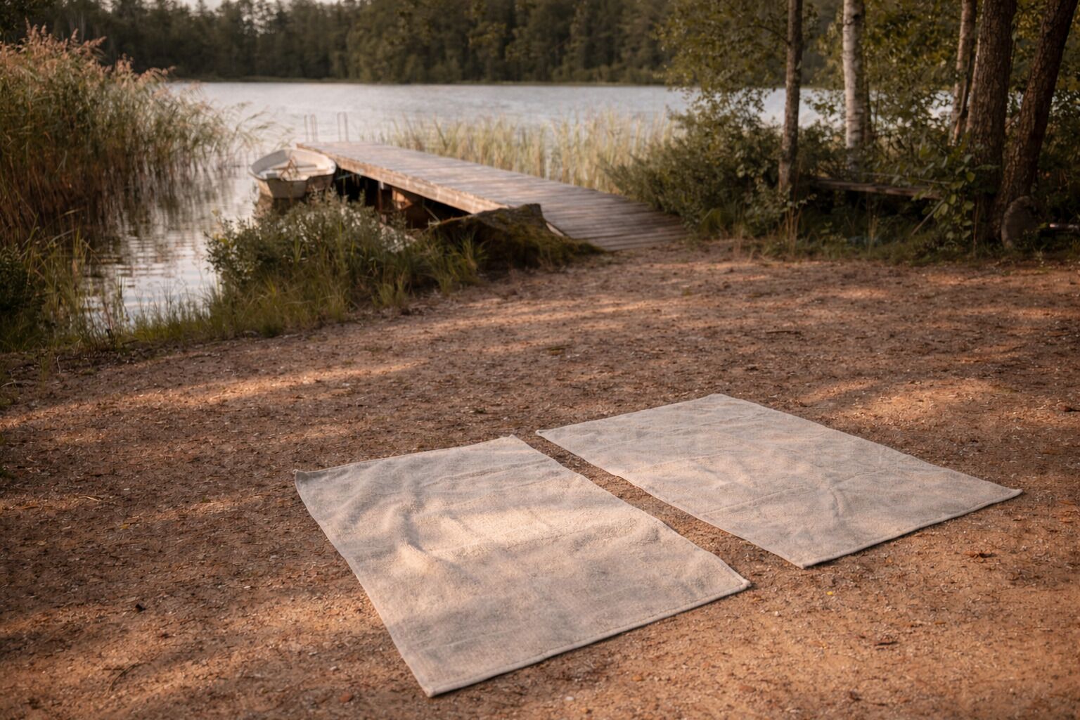 A wooden dock extending into a lake, surrounded by trees and vegetation.