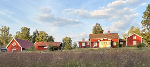Una casa de madera roja con techo rojo, rodeada por un campo de hierba alta y árboles al fondo.