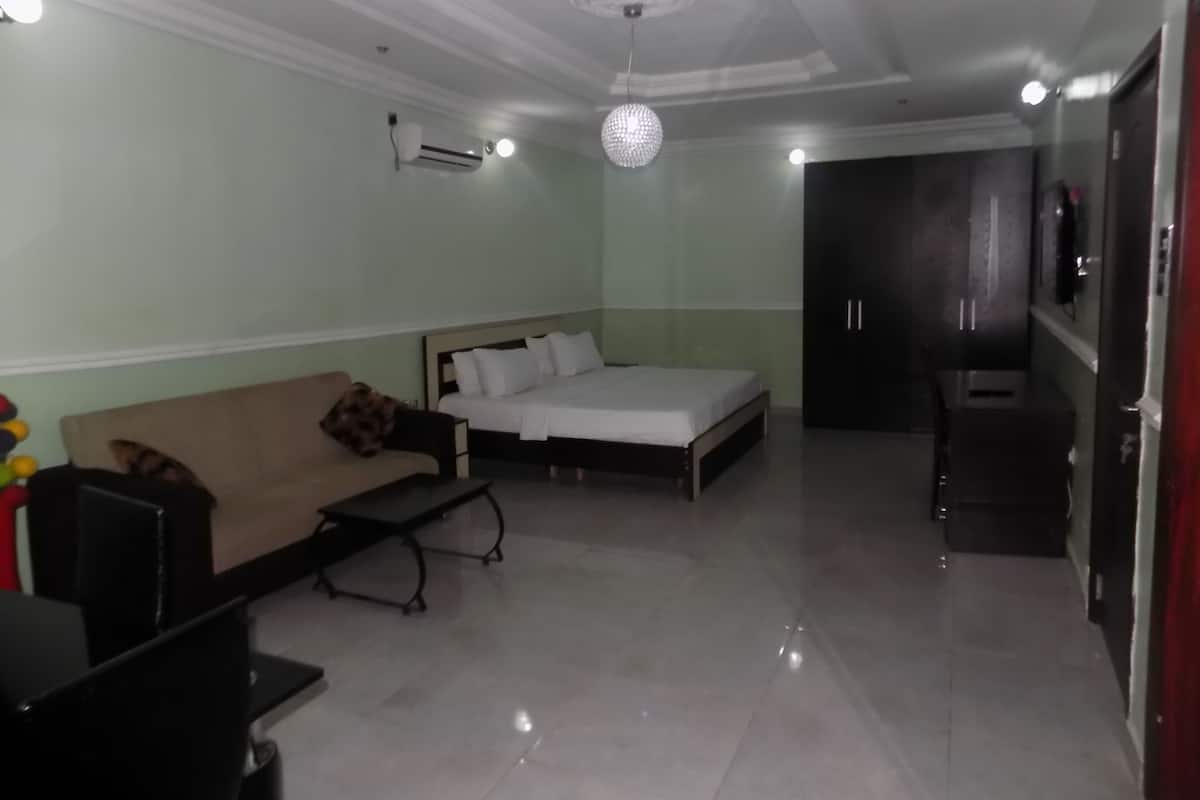 A hotel room with a bed, a sofa, a TV, and a wardrobe.