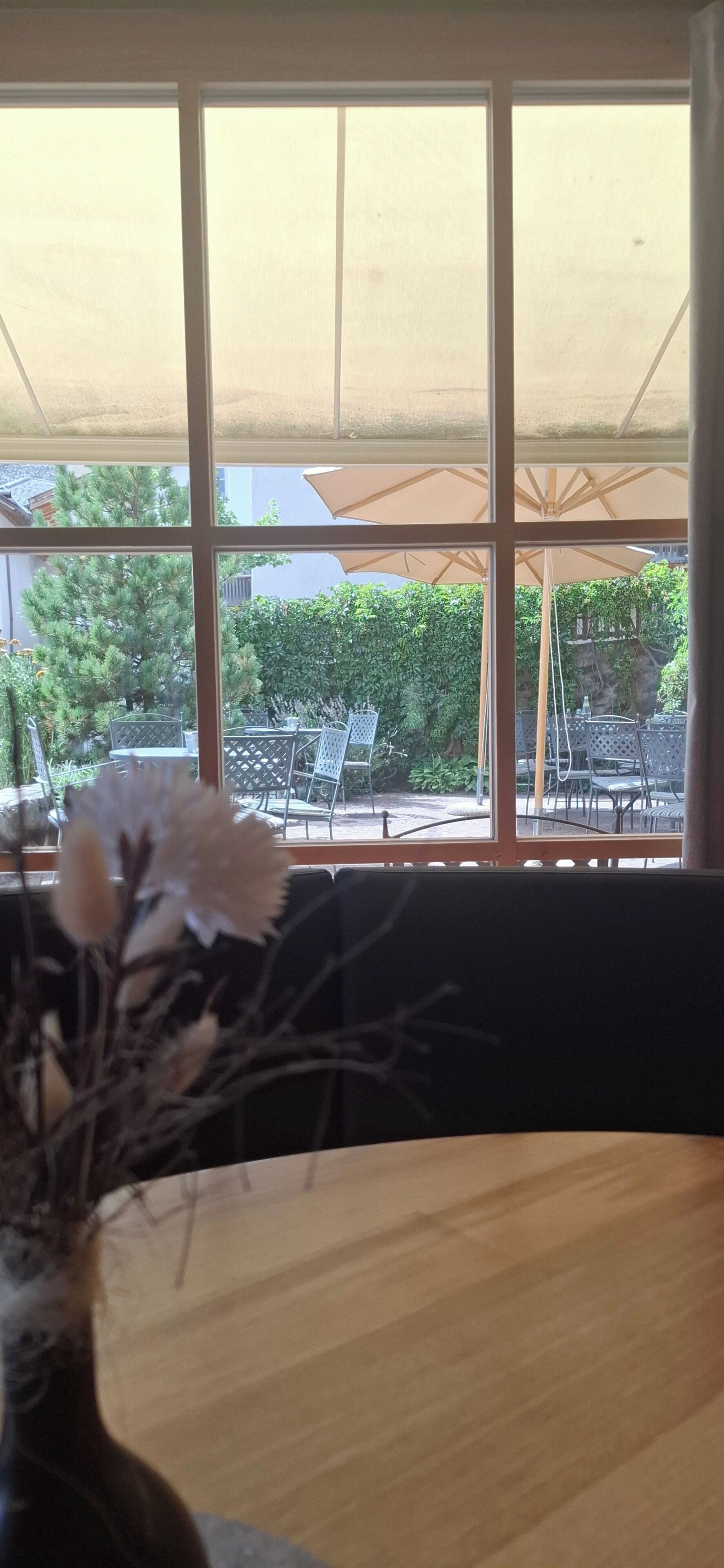 A view through a window with a table and chairs outside, a large umbrella, and greenery.