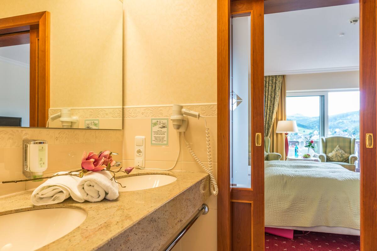 free toiletries, hair dryer, bathrobes, towels