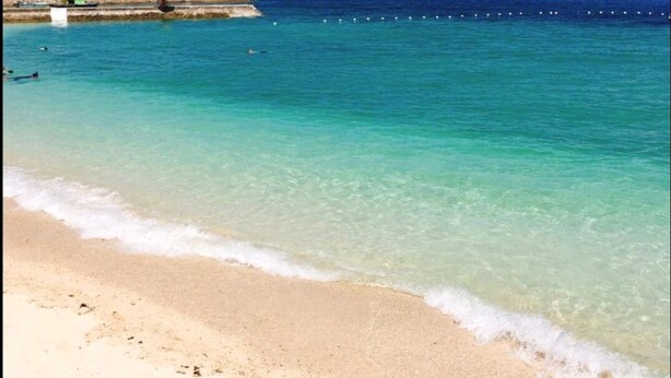 Una playa con agua turquesa cristalina, una orilla de arena y un muelle con una bandera.