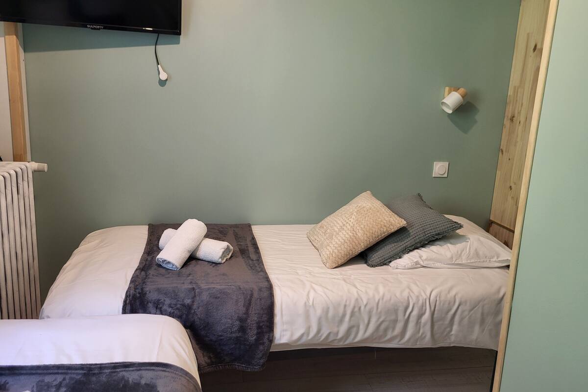 A bedroom with two beds, a TV mounted on the wall, a radiator, and a wooden door.