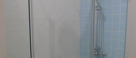 Une cabine de douche fermée par des parois en verre, dotée d’un pommeau de douche à main et d’un robinet mural.