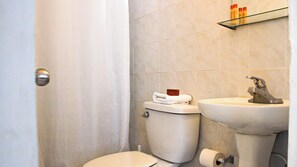 A bathroom with a toilet, a sink, and a shower curtain.