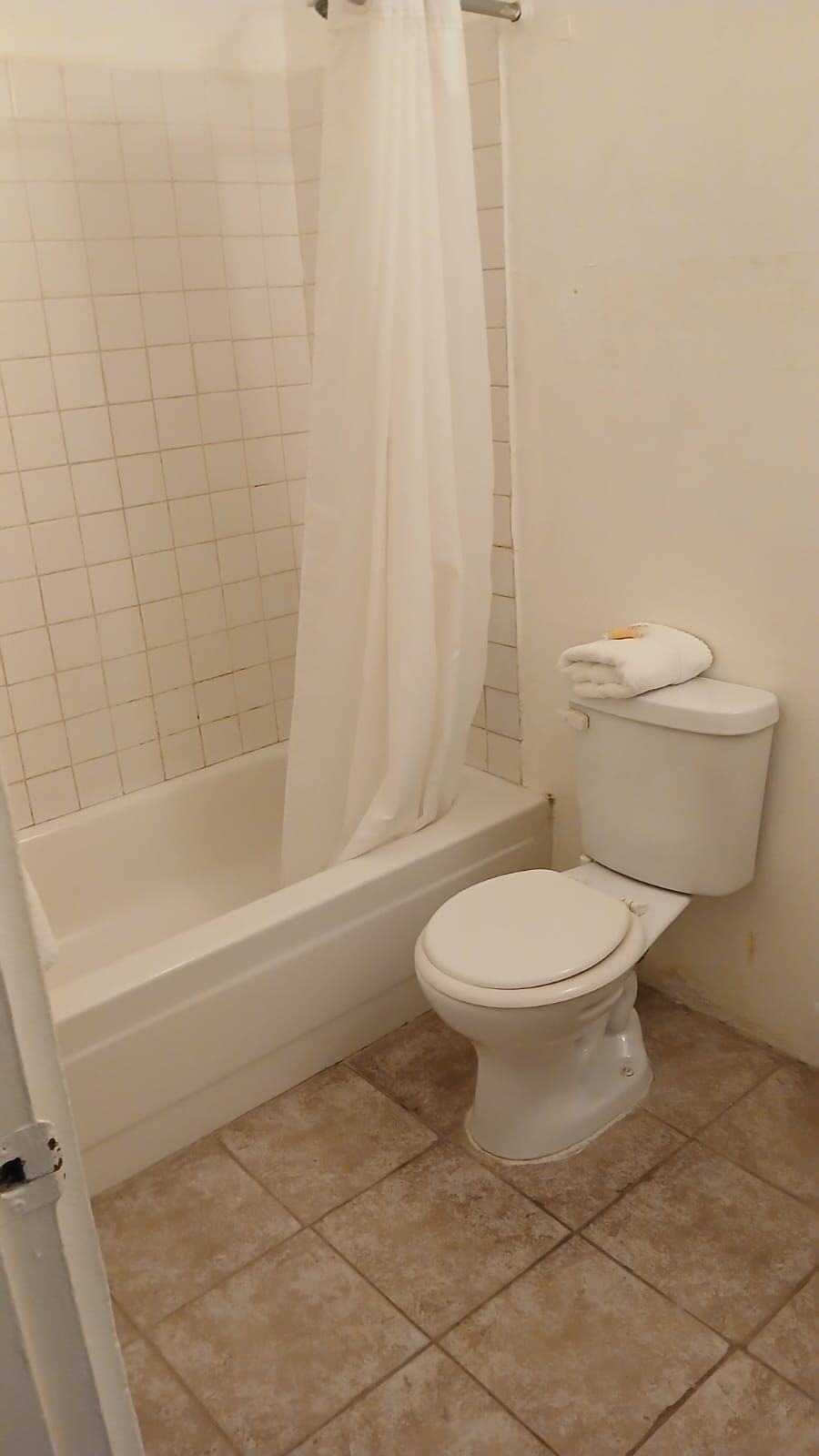 A bathroom with a bathtub, toilet, and shower curtain.