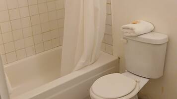 A bathroom with a bathtub, toilet, and shower curtain.