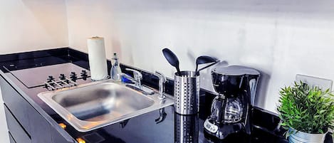 Une cuisine moderne équipée d’un évier en acier inoxydable, d’une machine à café et d’une plante en pot.