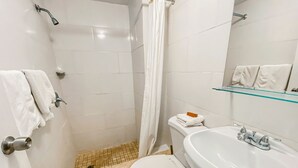 A bathroom with a shower, toilet, sink, and a glass shelf. - Gladiolas 2103 (Ponce)