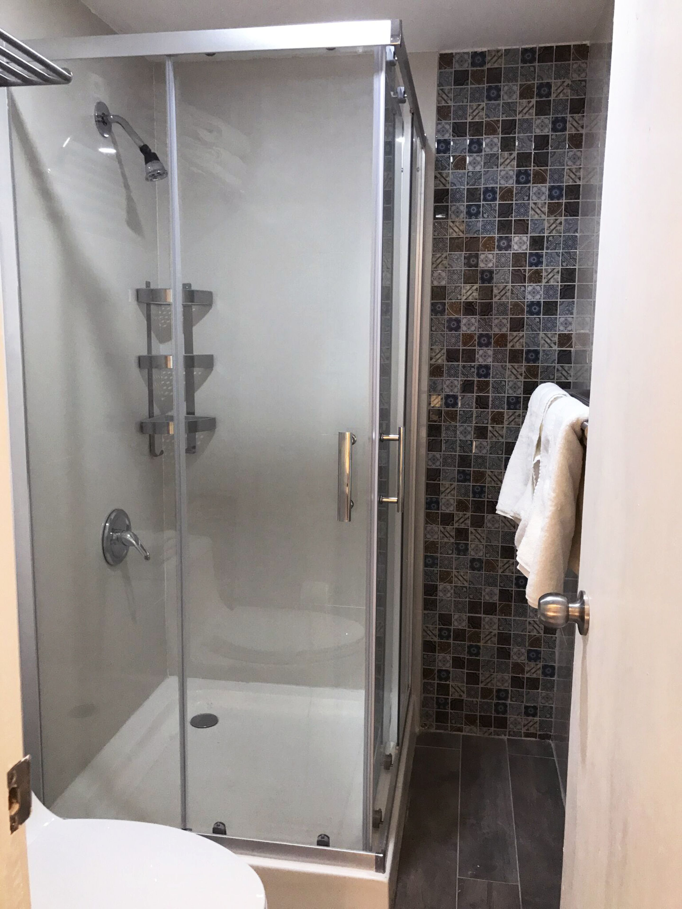 Une douche fermée par des parois en verre, dotée d’un robinet moderne et d’un porte-serviettes fixé au mur.