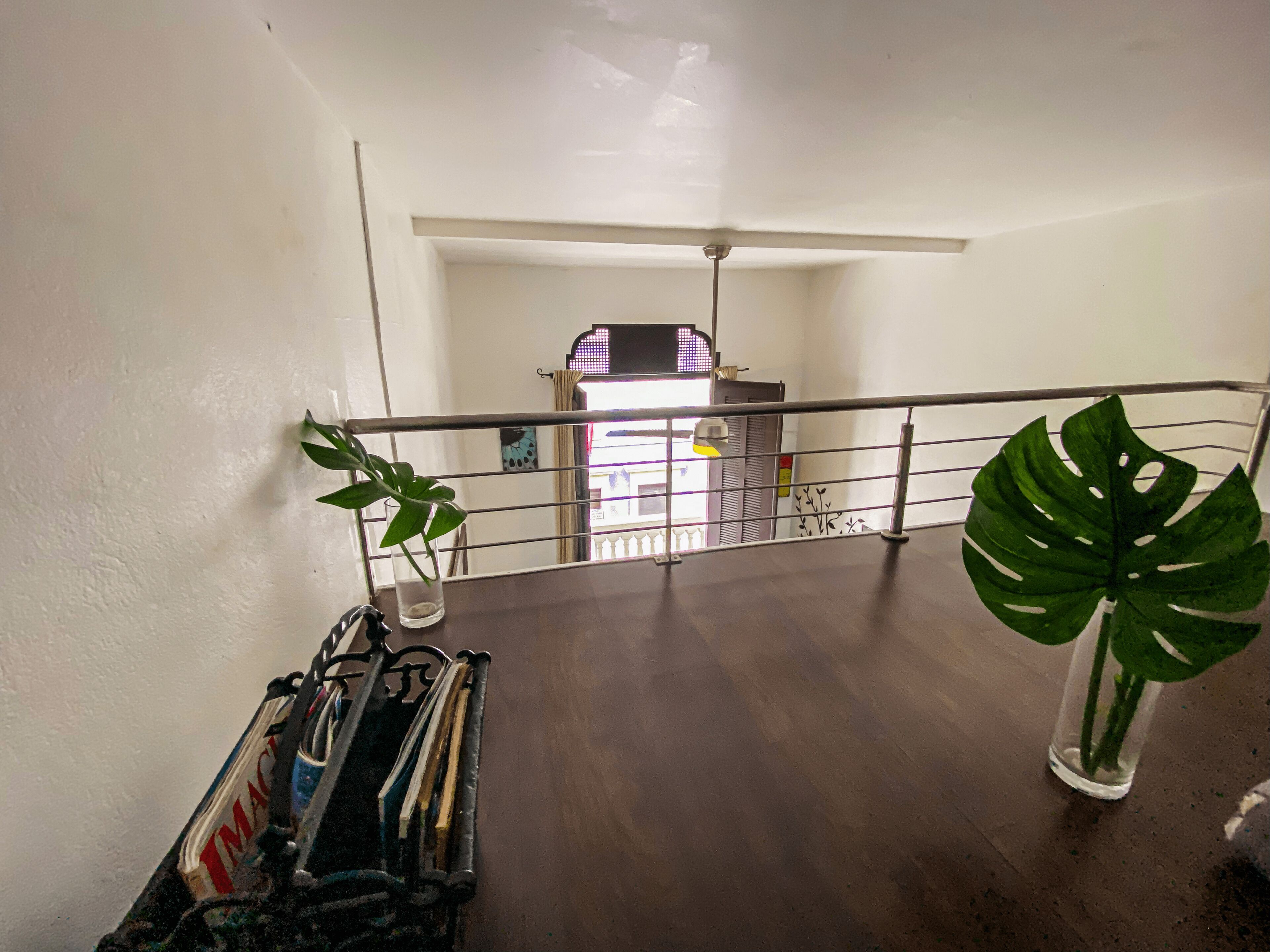A staircase with a metal railing, a potted plant, and a bookshelf.