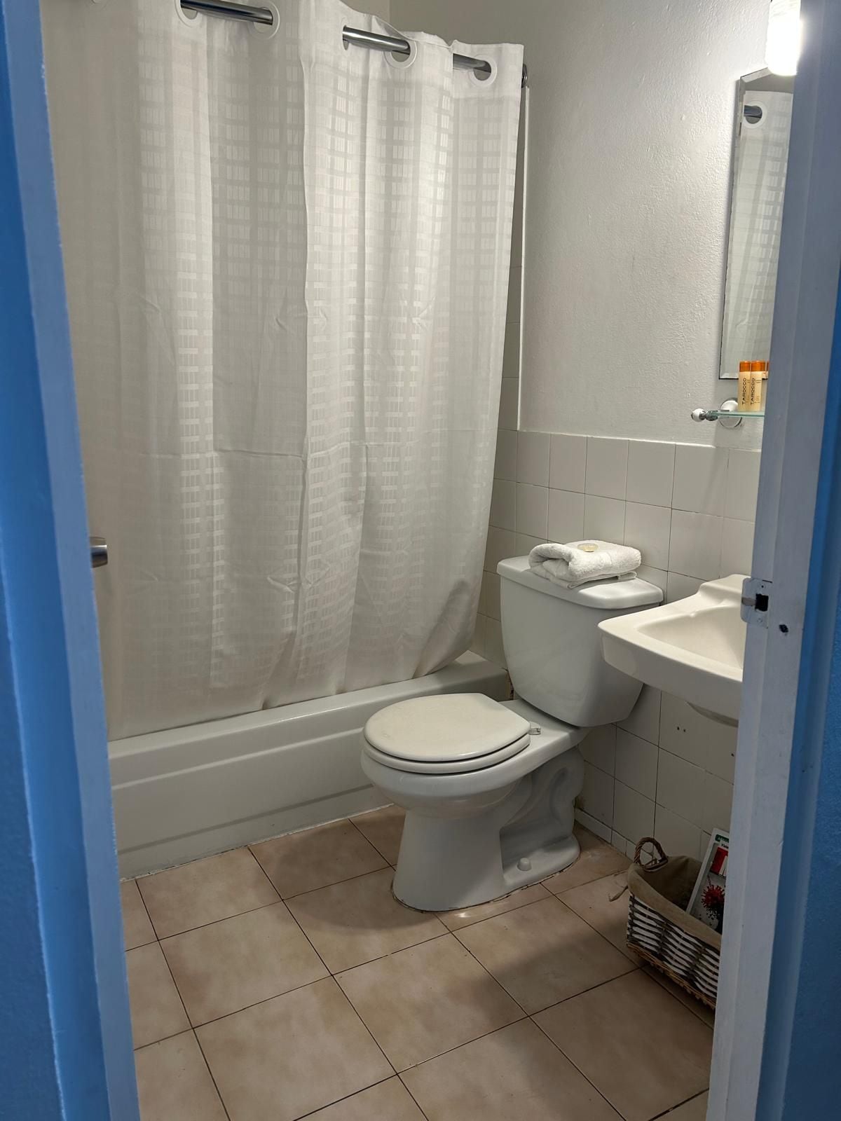 A bathroom with a toilet, sink, and shower curtain.