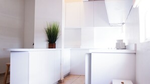 A modern kitchen with white cabinetry, a potted plant, and a small countertop with a coffee maker. - Boulevard 106 (Mayagüez)