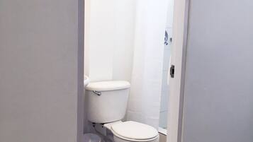 A small, white bathroom with a toilet, a shower, and a trash bin.