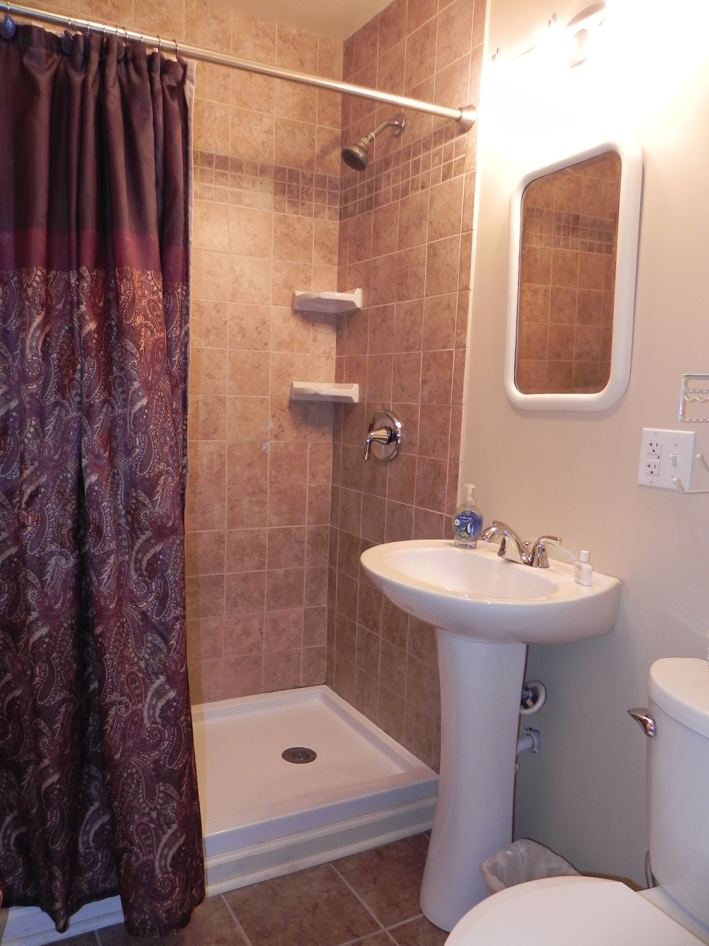 A bathroom with a shower, a sink, and a toilet.