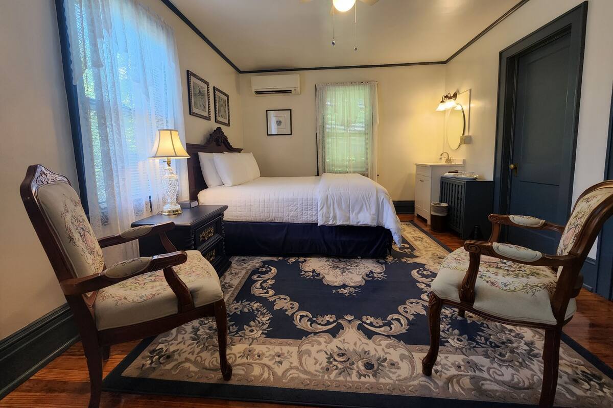 Un dormitorio con cama, dos sillas, una mesita de noche, una lámpara, aire acondicionado, ventana con cortinas, puerta y ventilador de techo.