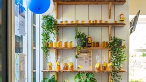 A wall with shelves displaying jars of honey and potted plants. - EuroParcs Buitenhuizen (Velsen-Zuid)