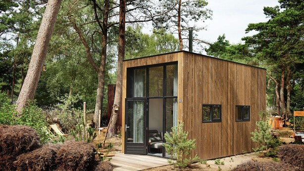 A modern wooden cabin with large glass doors, a small porch, and a surrounding forest. - EuroParcs Buitenhuizen (Velsen-Zuid)