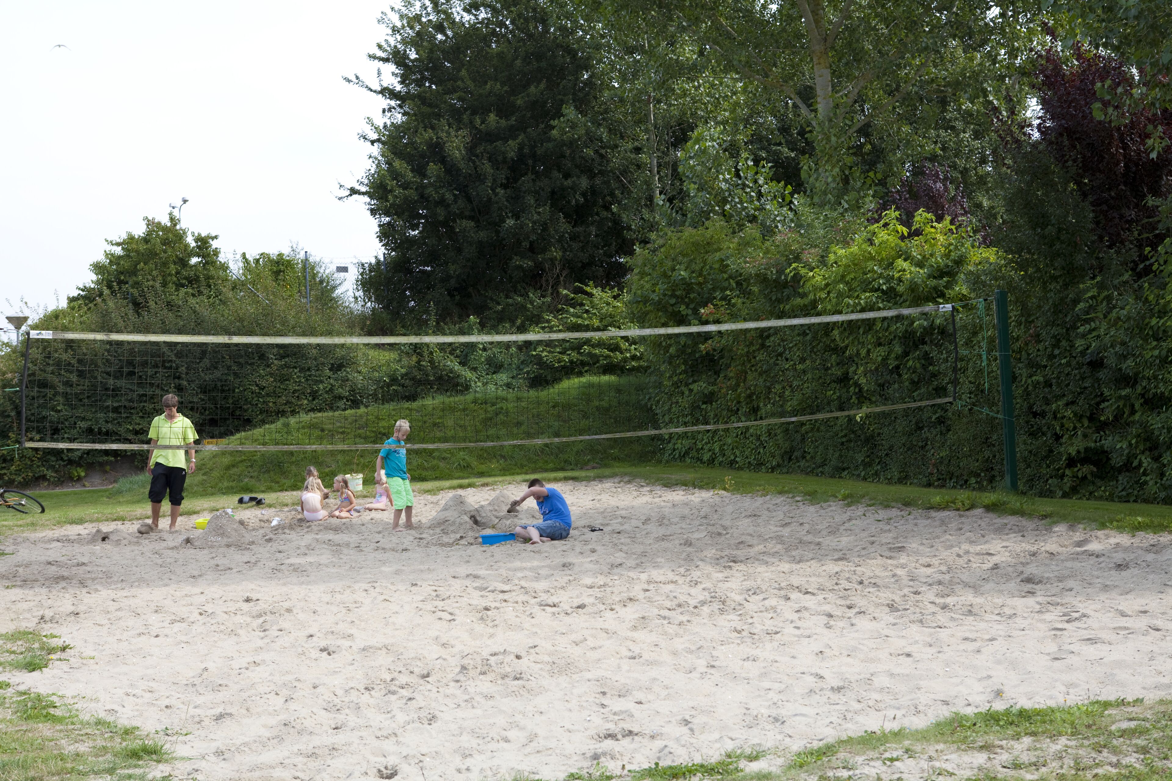 An outdoor volleyball court with a net, surrounded by sand and greenery.