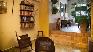 Une pièce comprenant une bibliothèque, un lustre, une chaise en bois, une statue et une vue sur un patio agrémenté de plantes et d’une chaise.