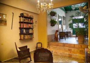 Une pièce comprenant une bibliothèque, un lustre, une chaise en bois, une statue et une vue sur un patio agrémenté de plantes et d’une chaise.