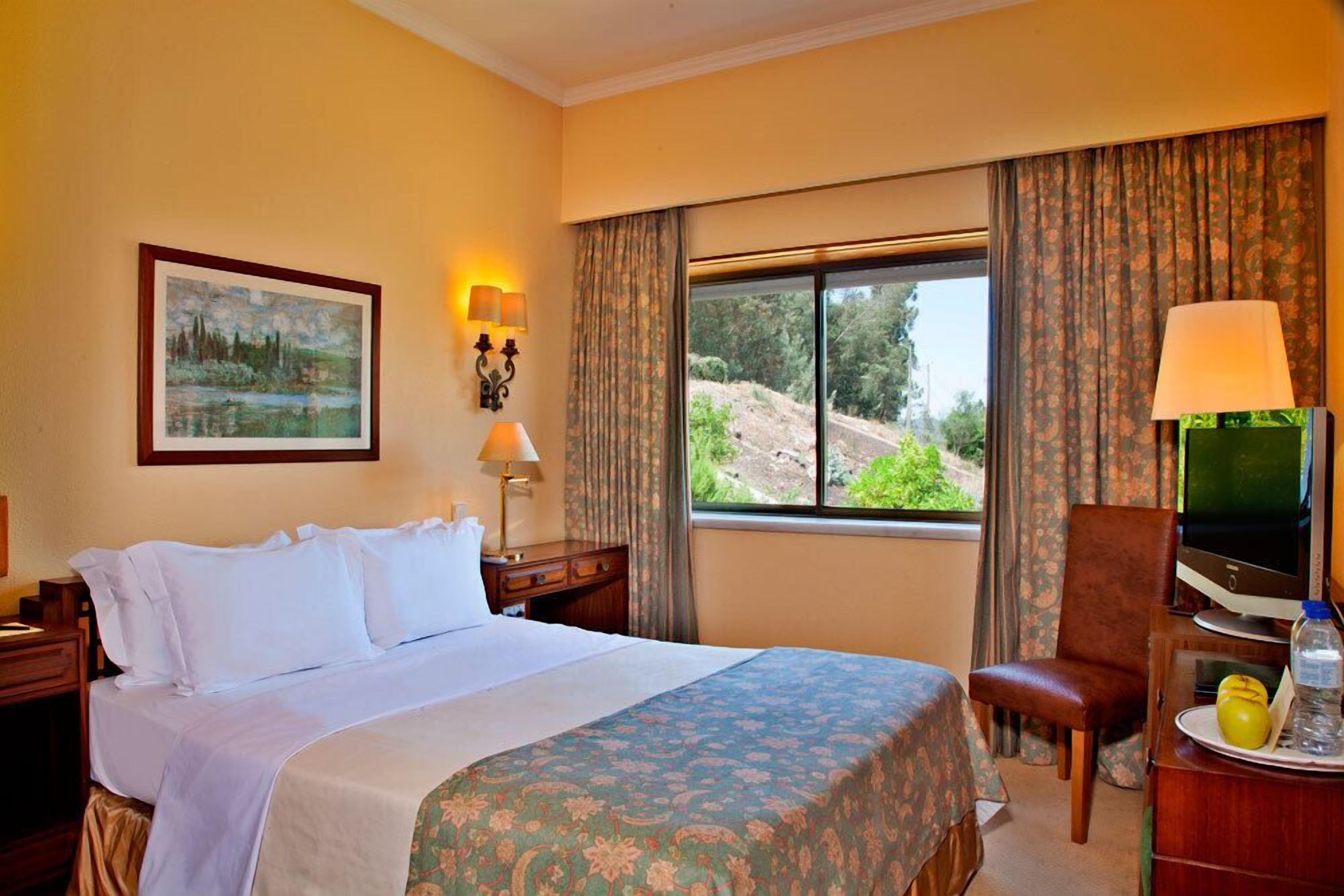 A hotel room with a bed, a desk with a computer, a chair, a window with a view of greenery, and a painting on the wall.