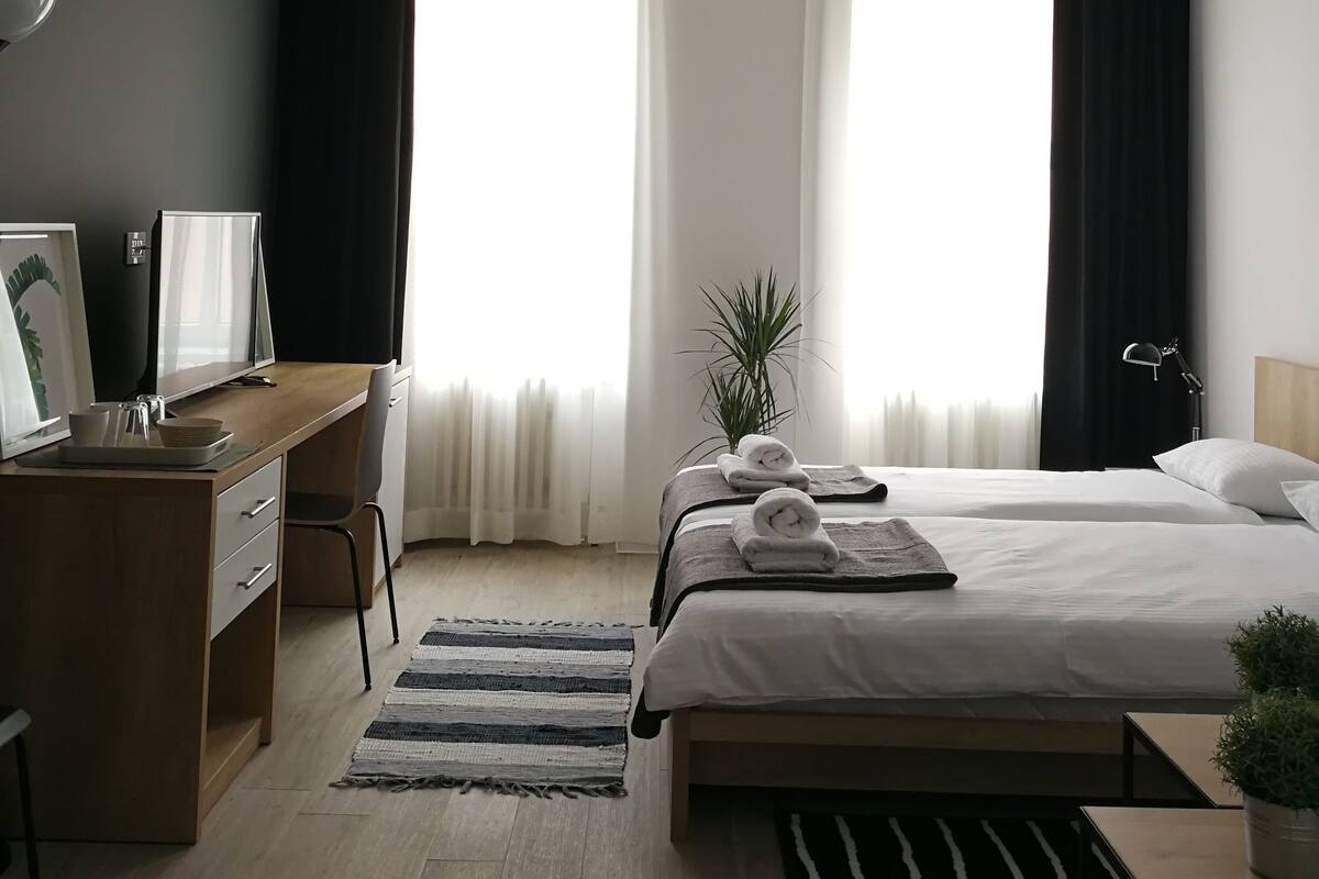 A modern hotel room with a wooden desk, two beds, a large window with sheer curtains, a potted plant, and a black and white striped rug.