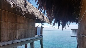 A wooden structure with a thatched roof overlooking clear blue water.