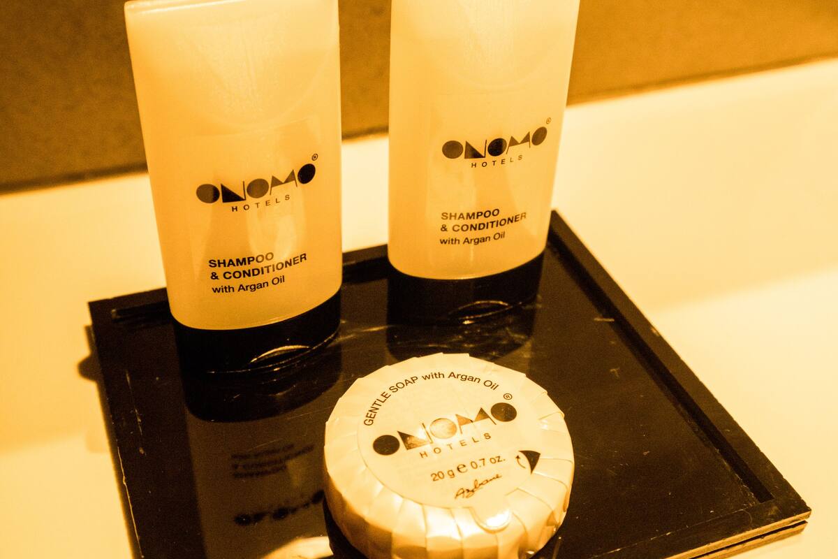 free toiletries, hair dryer, towels