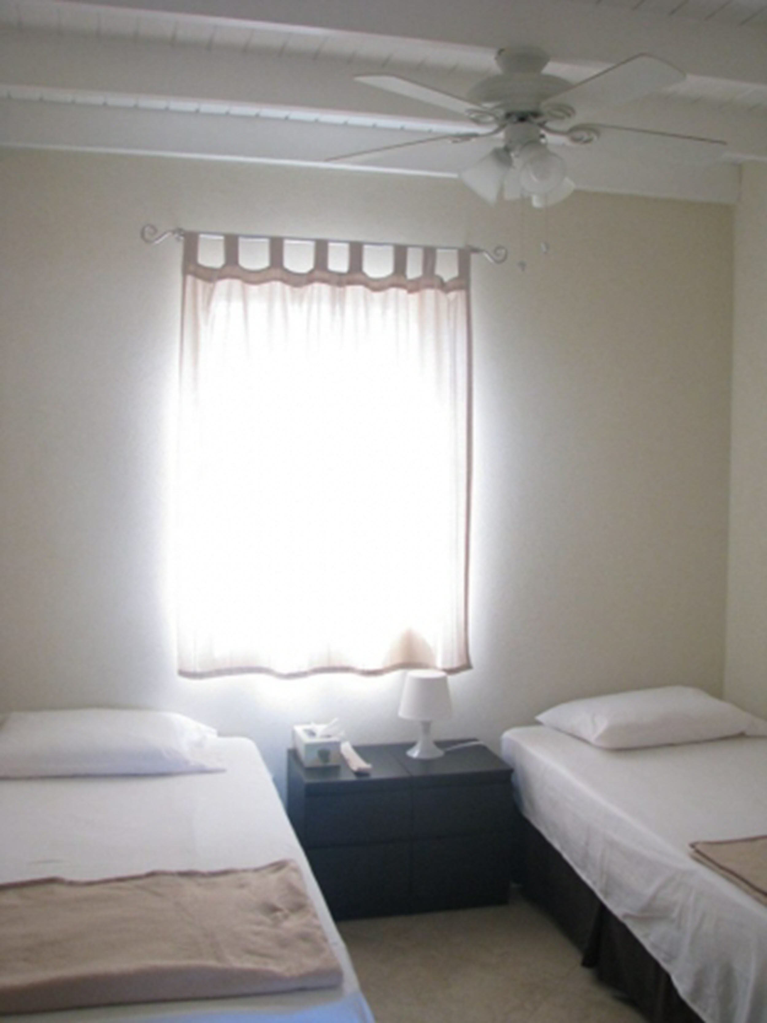 Une chambre avec deux lits, un ventilateur de plafond, une fenêtre avec un rideau, une table de chevet avec une lampe et une autre table de chevet avec une boîte de mouchoirs.