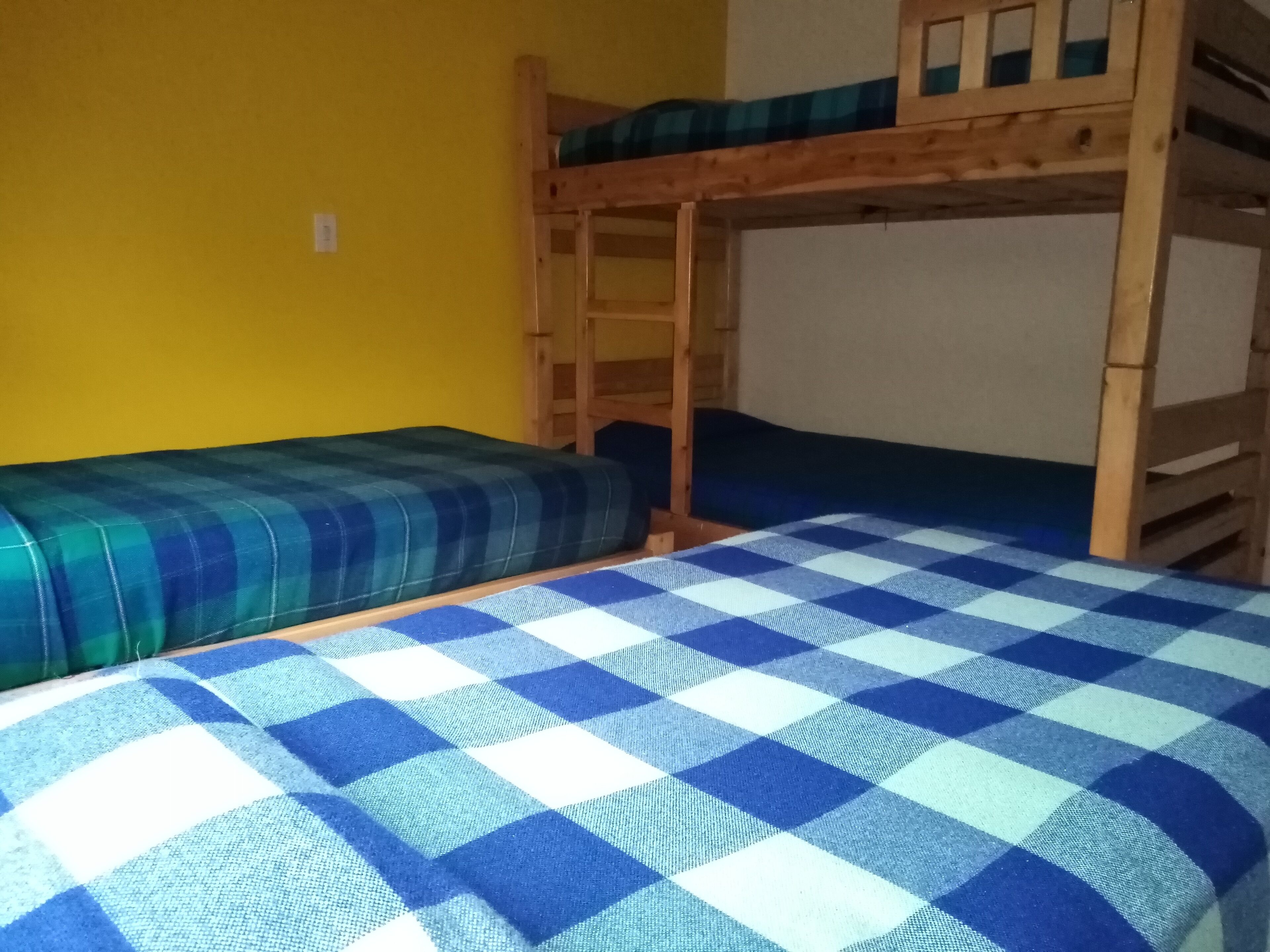 A bunk bed room with a checkered bedspread and a plaid blanket.