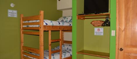 Una cama litera con un televisor encima, una puerta de madera y una pared verde.