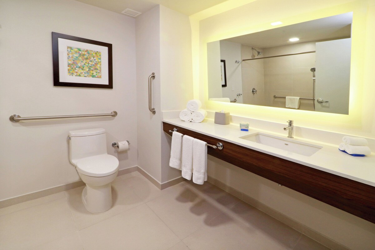 Ein modernes Badezimmer mit Toilette, Haltegriffen, einem Waschbecken mit Spiegel und einem gerahmten Bild an der Wand.
