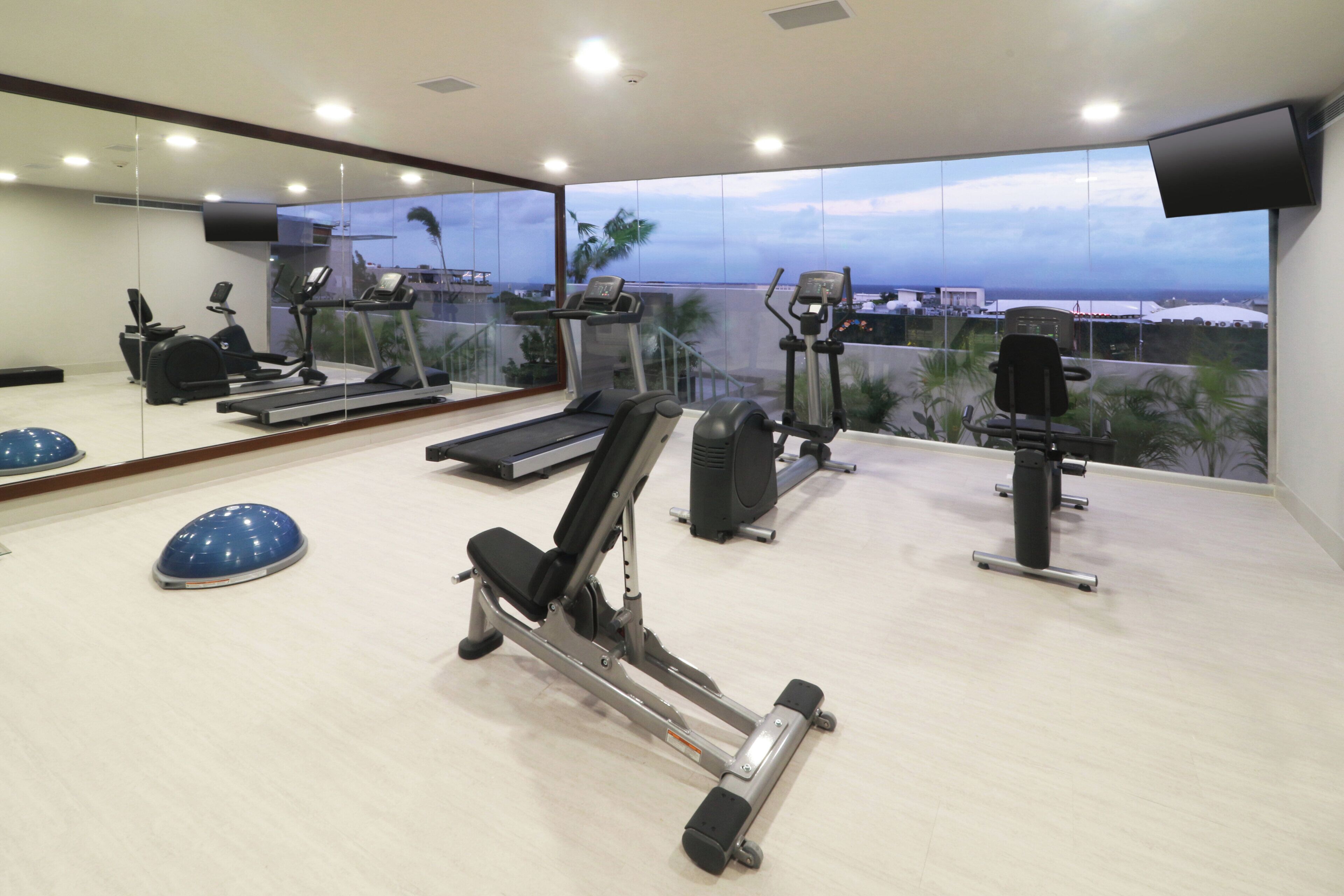 A gym with various exercise equipment, including treadmills and weight machines, and a large window with a view of the cityscape.