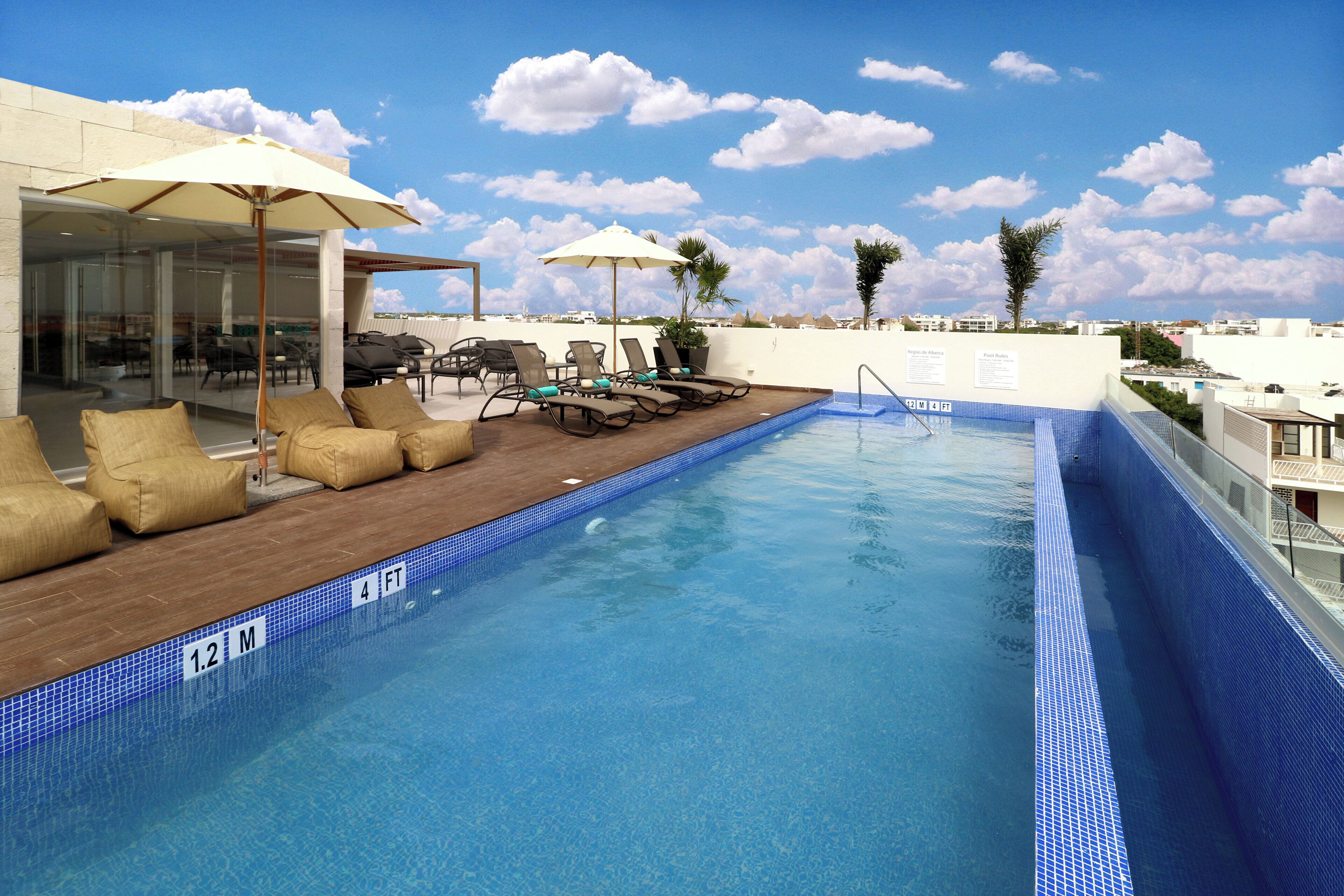A rooftop pool with lounge chairs and umbrellas, surrounded by buildings and palm trees.