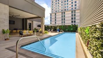 Seasonal outdoor pool, sun loungers
