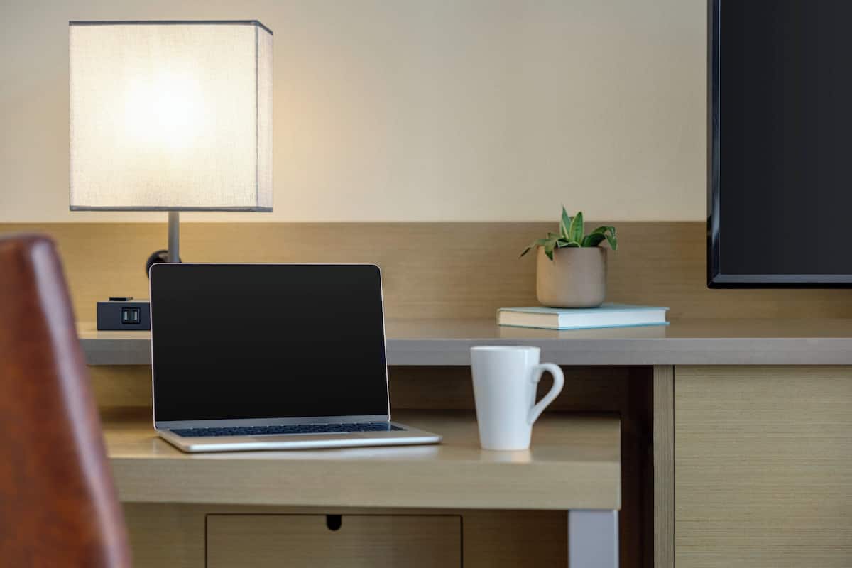 Una computadora portátil sobre un escritorio, con una lámpara, una taza blanca y una planta en maceta.